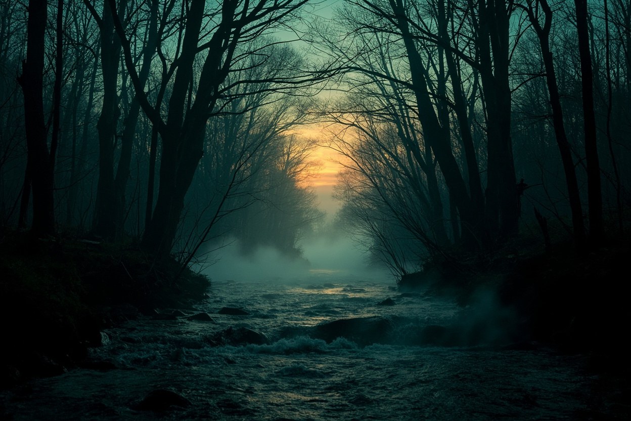 Atmospheric photograph of a misty Ohio River Valley forest at twilight, with bare hardwood branches, low fog rolling across a creek, and a faint amber glow on the horizon — the kind of woods where heartland Bigfoot reports keep coming in