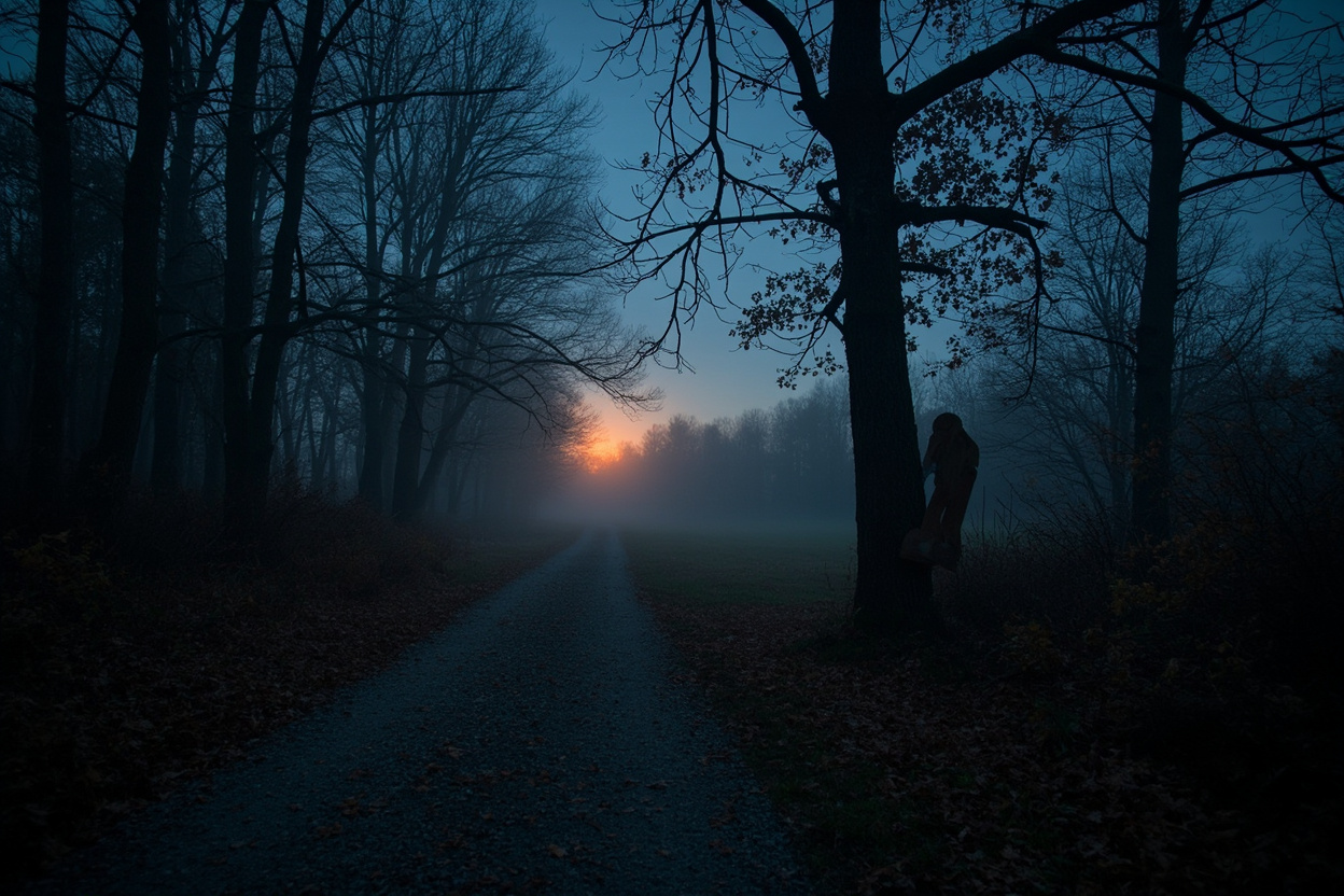 Atmospheric October-dusk photograph of a foggy rural Ohio hollow at the edge of a small town park, narrow gravel path winding between bare-branched maple and oak trees with a few golden leaves still clinging, low amber ground fog drifting across the trail, a single wooden Bigfoot cutout sign leaning crooked against an oak tree like it was left behind, deep blue pre-twilight sky with a thin orange horizon line, no human figures, moody cinematic heartland feel, dark amber and slate blue palette — Carrollton, Ohio site of the second annual Carroll County Squatch Fest & Parapalooza, October 17, 2026
