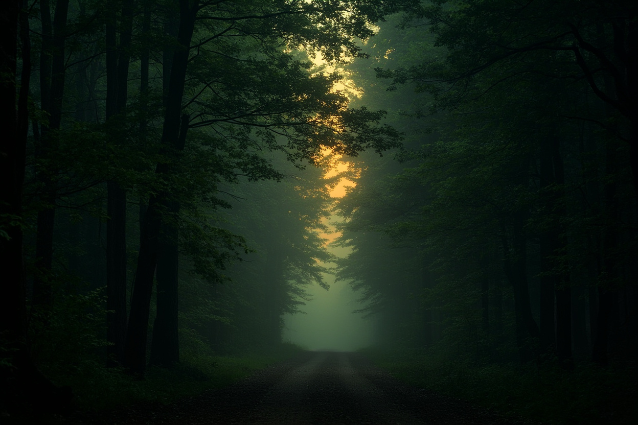 Atmospheric photograph of a dark southern Indiana hardwood forest at dusk in Brown County, with low fog drifting between the trunks and a faint amber rim light on the horizon — the kind of hill country the Nails have spent years documenting