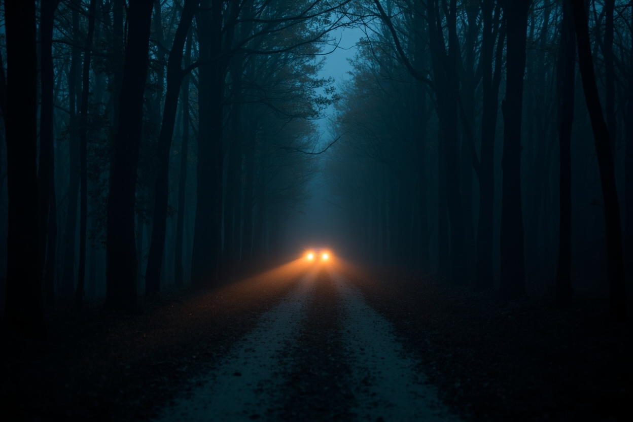 Atmospheric photograph of a dark heartland forest road at pre-dawn with low fog drifting between hardwood trunks and a distant amber glow of headlights cutting through the mist