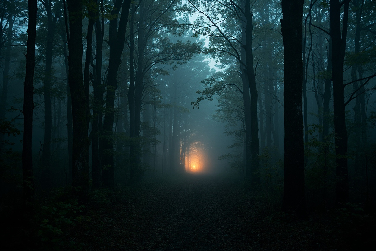 Atmospheric photograph of a pre-dawn Indiana heartland forest with low fog drifting between old hardwood trunks and a faint amber dawn glow on the horizon — the kind of woods IBRO surveys regularly