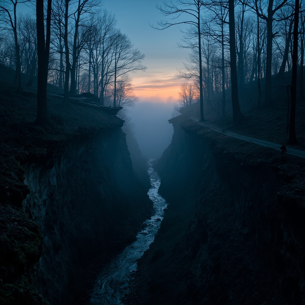 Atmospheric photograph of an eastern Ohio hill-country forest at pre-dawn blue hour, a deep hollow with low fog drifting between bare sycamore and tulip poplar trunks on a steep ridge, a narrow creek winding through the bottom, and a faint amber glow on the eastern horizon — the kind of woods where the 2026 Jefferson County BFRO cluster happened