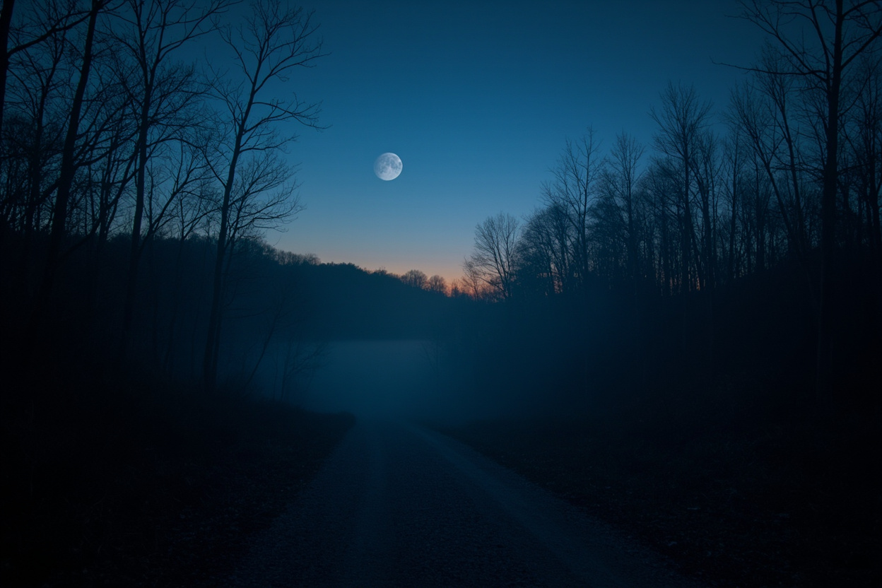 Atmospheric pre-dawn photograph of a rural central Kentucky hollow at blue hour with low fog drifting between rolling knobs and ridges, bare oak and hickory trunks at the edge of a small gravel road disappearing into the tree line, a single bright full moon hanging in a clear sky, and a faint amber dawn glow on the eastern horizon — the kind of country roads off Howardstown Road near Hodgenville where the August 23, 2026 Larue County Bigfoot encounter happened