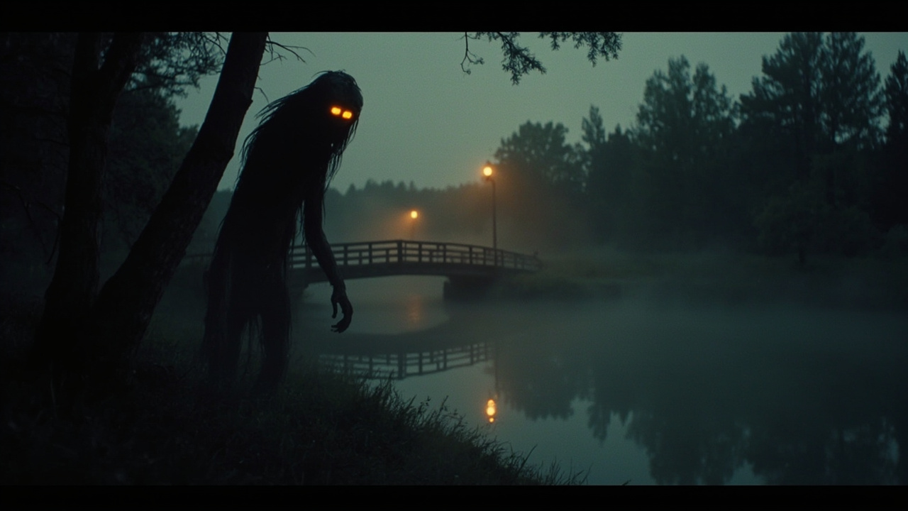 Atmospheric illustration of a tall shadowy bipedal creature with glowing amber eyes emerging from the tree line beside a misty river and wooden footbridge at dusk — a 1970s small-town America scene