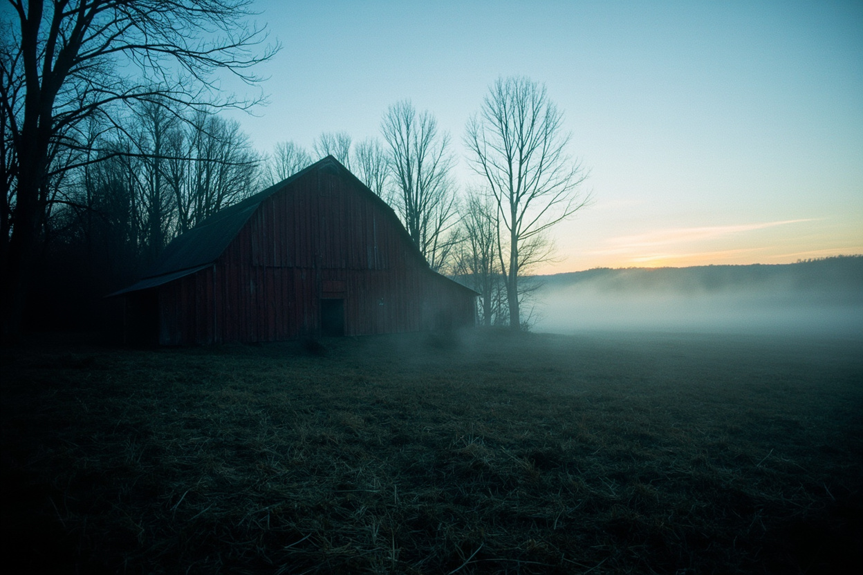 Atmospheric photograph of a misty southwest Pennsylvania farm at pre-dawn blue hour with a red barn at the edge of a hayfield, low fog drifting between bare maple and oak trunks at the woodline, and a faint amber sliver of dawn on the eastern horizon — the kind of property where the August 2026 mini-Bigfoot sightings happened