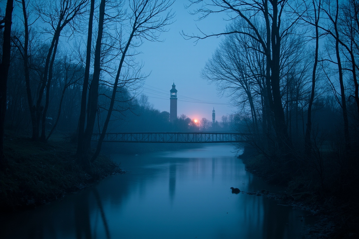 Atmospheric pre-dawn photograph of a misty rural Ohio river valley at blue hour with low fog drifting between bare oak and sycamore trunks along a wide slow river, a small town's water tower and church steeple silhouetted in the distant background, a weathered wooden covered bridge crossing the water, and a faint amber dawn glow on the eastern horizon — the Mohican River valley at Loudonville, Ohio, site of the 2nd Annual Mohican Bigfoot Festival on September 19, 2026