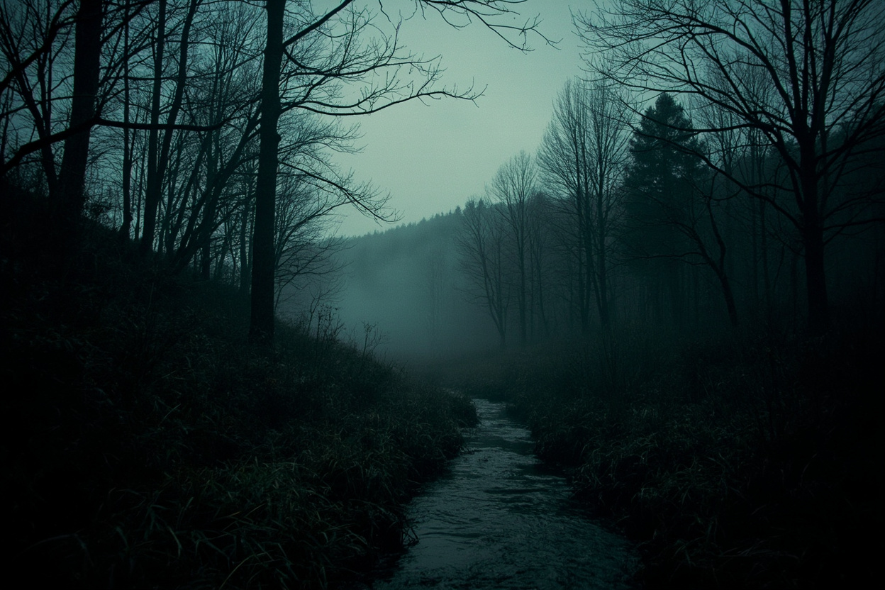Atmospheric photograph of a misty Ohio forest at dusk with bare trees and a winding creek — the kind of woods where the March 2026 sightings happened