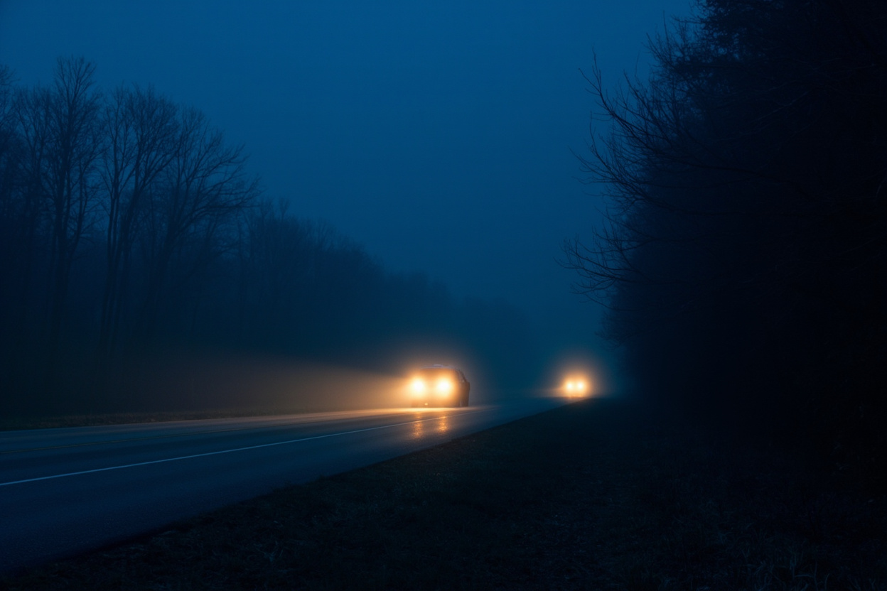 Atmospheric pre-dawn photograph of a foggy rural western Kentucky two-lane highway at blue hour with headlight glow cutting through low mist, bare oak and hickory trunks lining a ridge-and-hollow landscape at the woodline, faint amber dawn glow on the eastern horizon, no creatures visible